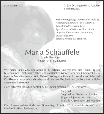 Traueranzeige von Maria Schäuffele von Leonberger Kreiszeitung / Strohgäu Extra