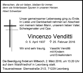 Traueranzeige von Vincenzo Venditti von Leonberger Kreiszeitung / Strohgäu Extra