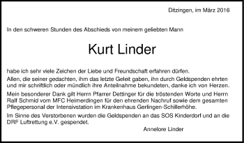 Traueranzeige von Kurt Linder von Leonberger Kreiszeitung / Strohgäu Extra