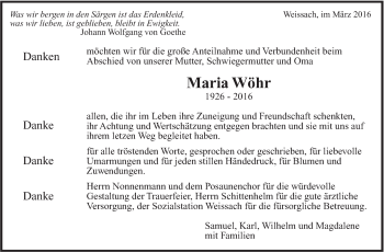 Traueranzeige von Maria Wöhr von Leonberger Kreiszeitung / Strohgäu Extra