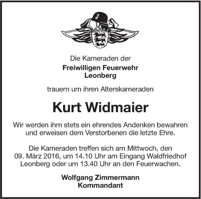 Traueranzeige für Kurt Widmaier vom 03.03.2016 aus Leonberger Kreiszeitung / Strohgäu Extra