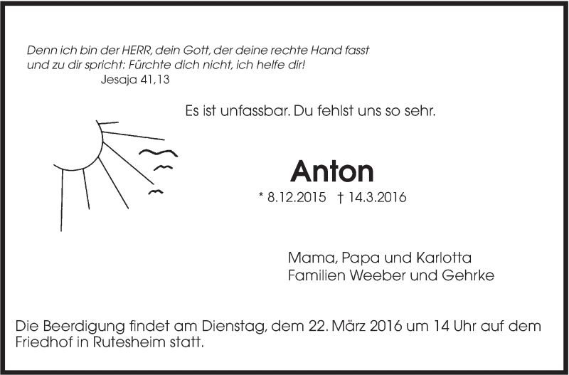  Traueranzeige für Anton  vom 19.03.2016 aus Leonberger Kreiszeitung / Strohgäu Extra