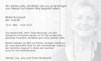 Traueranzeige von Bärbel Burghardt von Leonberger Kreiszeitung / Strohgäu Extra