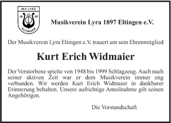 Traueranzeige von Kurt Erich Widmaier von Leonberger Kreiszeitung / Strohgäu Extra