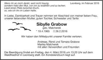 Traueranzeige von Sibylle Grabow von Leonberger Kreiszeitung / Strohgäu Extra