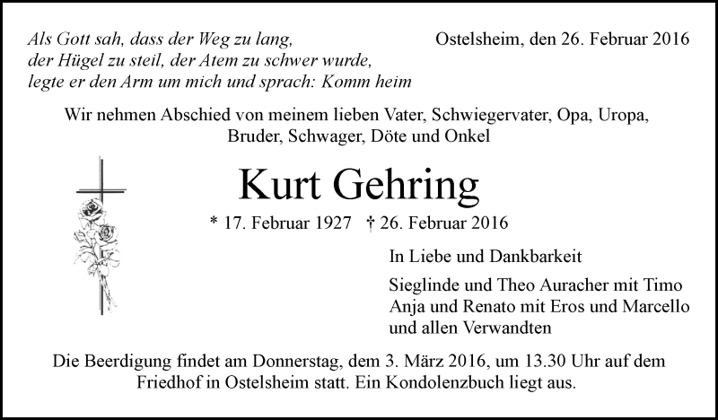  Traueranzeige für Kurt Gehring vom 01.03.2016 aus Leonberger Kreiszeitung / Strohgäu Extra