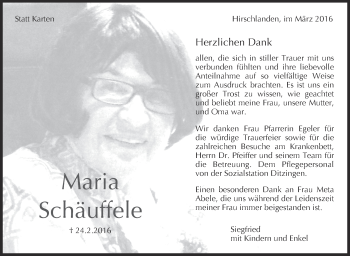 Traueranzeige von Maria Schäuffele von Leonberger Kreiszeitung / Strohgäu Extra