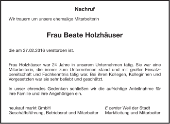 Traueranzeige von Beate Holzhäuser von Leonberger Kreiszeitung / Strohgäu Extra