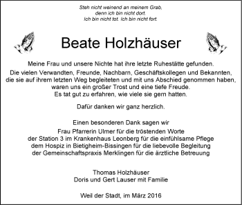 Traueranzeige von Beate Holzhäuser von Leonberger Kreiszeitung / Strohgäu Extra