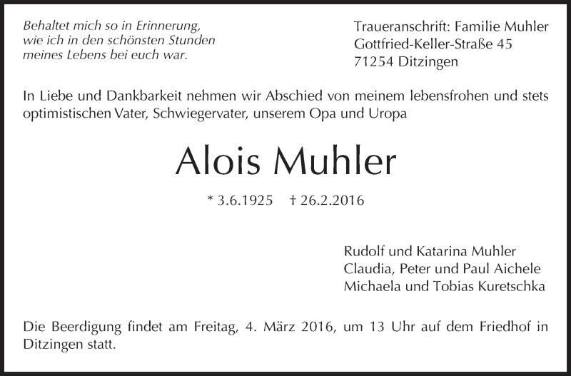  Traueranzeige für Alois Muhler vom 29.02.2016 aus Leonberger Kreiszeitung / Strohgäu Extra