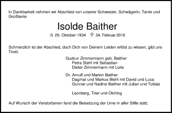 Traueranzeige von Isolde Baither von Leonberger Kreiszeitung / Strohgäu Extra