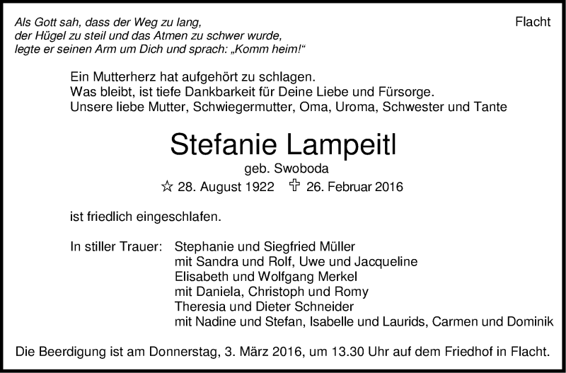  Traueranzeige für Stefanie Lampeitl vom 01.03.2016 aus Leonberger Kreiszeitung / Strohgäu Extra