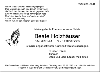 Traueranzeige von Beate Holzhäuser von Leonberger Kreiszeitung / Strohgäu Extra