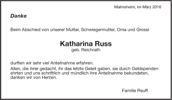 Traueranzeige von Katharina Russ von Leonberger Kreiszeitung / Strohgäu Extra