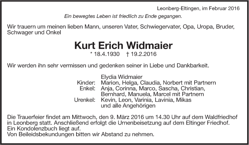  Traueranzeige für Kurt Erich Widmaier vom 02.03.2016 aus Leonberger Kreiszeitung / Strohgäu Extra