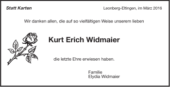 Traueranzeige von Kurt Erich Widmaier von Leonberger Kreiszeitung / Strohgäu Extra