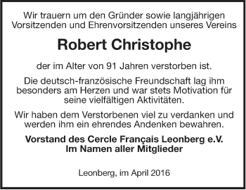 Traueranzeige von Robert Christophe von Leonberger Kreiszeitung / Strohgäu Extra