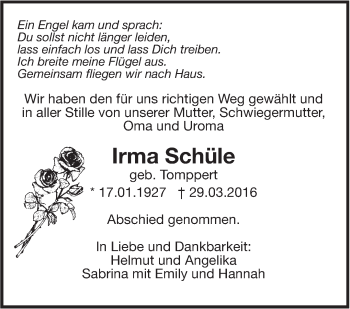 Traueranzeige von Irma Schüle von Leonberger Kreiszeitung / Strohgäu Extra