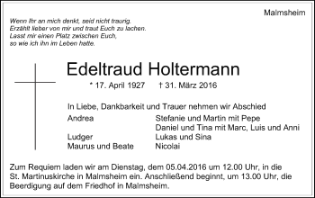 Traueranzeige von Edeltraud Holtermann von Leonberger Kreiszeitung / Strohgäu Extra