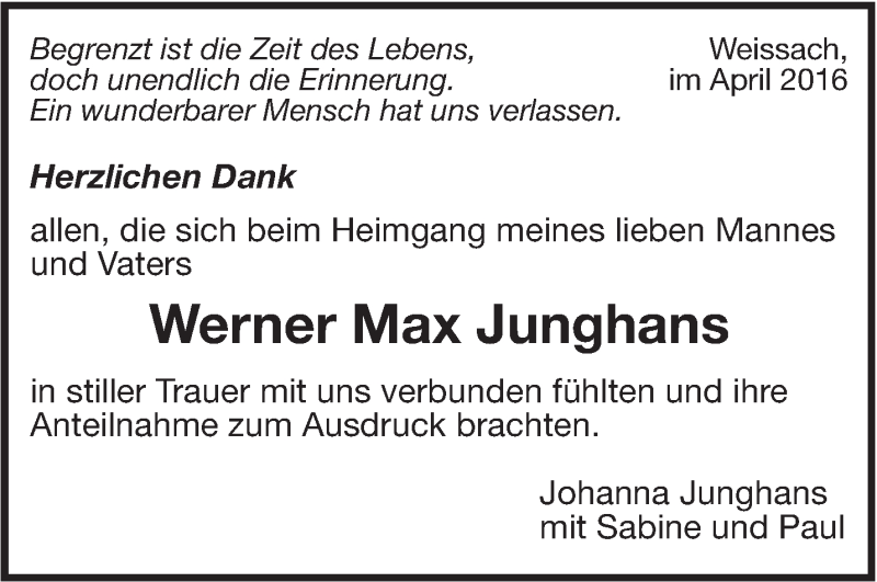  Traueranzeige für Werner Max Junghans vom 14.04.2016 aus Leonberger Kreiszeitung / Strohgäu Extra