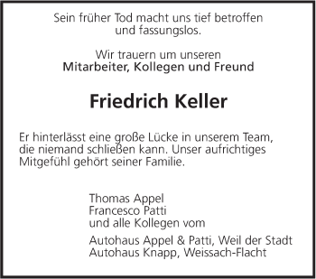 Traueranzeige von Friedrich Keller von Leonberger Kreiszeitung / Strohgäu Extra
