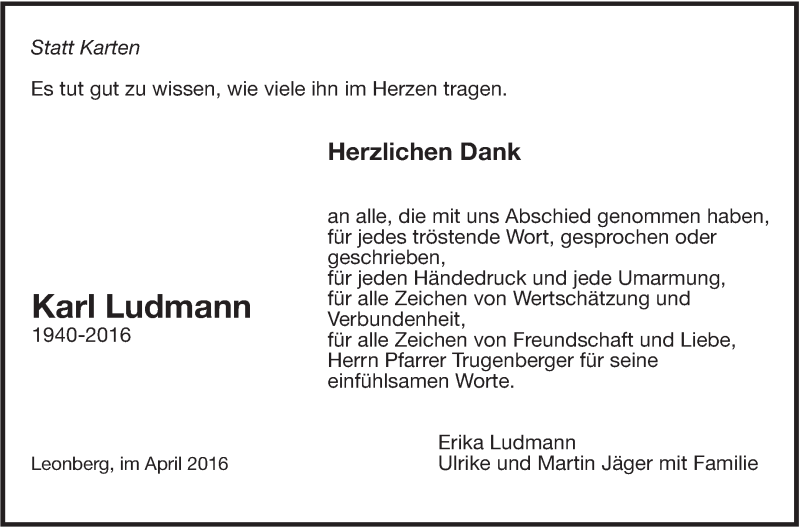 Traueranzeige für Karl Ludmann vom 16.04.2016 aus Leonberger Kreiszeitung / Strohgäu Extra