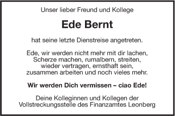 Traueranzeige von Ede Bernt von Leonberger Kreiszeitung / Strohgäu Extra