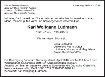Traueranzeige von Karl Wolfgang Ludmann von Leonberger Kreiszeitung