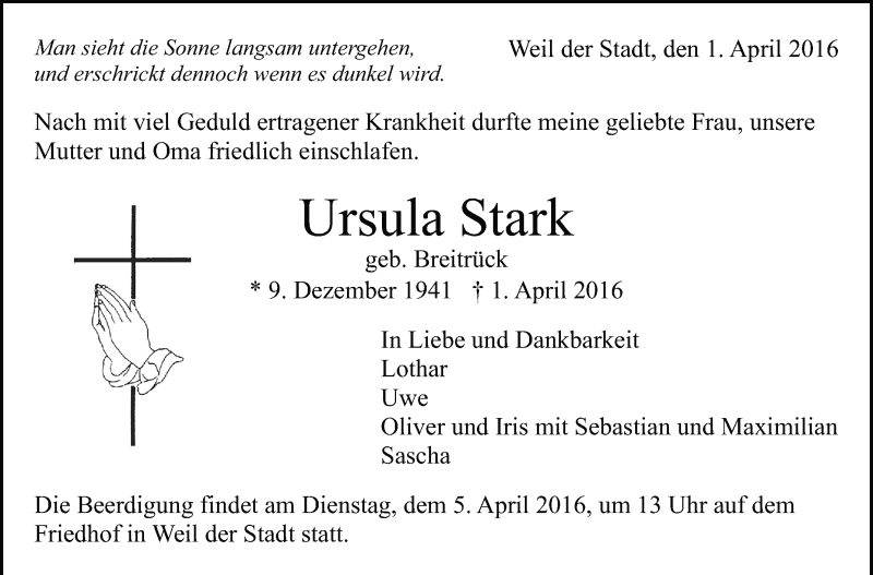  Traueranzeige für Ursula Stark vom 04.04.2016 aus Leonberger Kreiszeitung / Strohgäu Extra