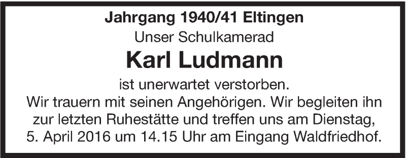 Traueranzeige für Karl Ludmann vom 02.04.2016 aus Leonberger Kreiszeitung / Strohgäu Extra