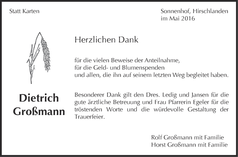 Traueranzeige für Dierich Großmann vom 12.05.2016 aus Leonberger Kreiszeitung / Strohgäu Extra