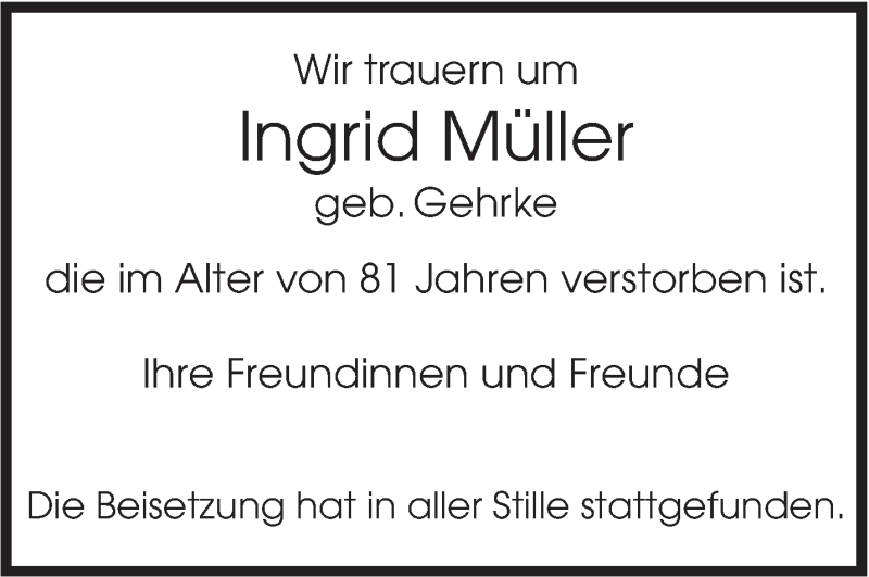  Traueranzeige für Ingrid Müller vom 30.05.2016 aus Leonberger Kreiszeitung / Strohgäu Extra