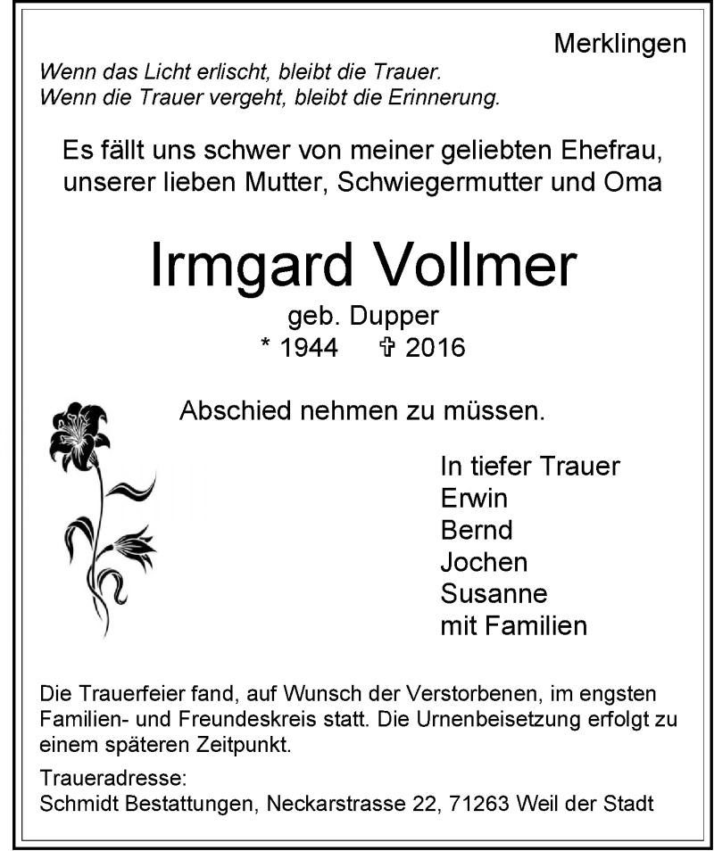  Traueranzeige für Irmgard Vollmer vom 18.05.2016 aus Leonberger Kreiszeitung / Strohgäu Extra