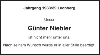 Traueranzeige von Günter Niebler von Leonberger Kreiszeitung / Strohgäu Extra