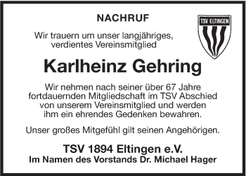 Traueranzeige von Karlheinz Gehring von Leonberger Kreiszeitung / Strohgäu Extra