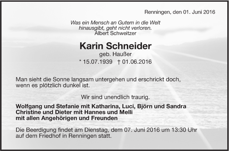  Traueranzeige für Karin Schneider vom 04.06.2016 aus Leonberger Kreiszeitung / Strohgäu Extra
