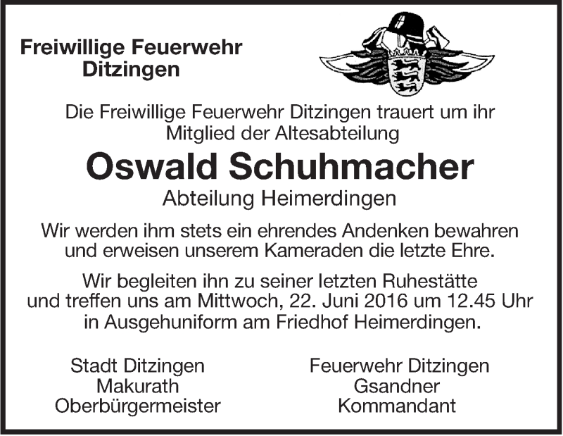  Traueranzeige für Oswald Schuhmacher vom 20.06.2016 aus Leonberger Kreiszeitung / Strohgäu Extra