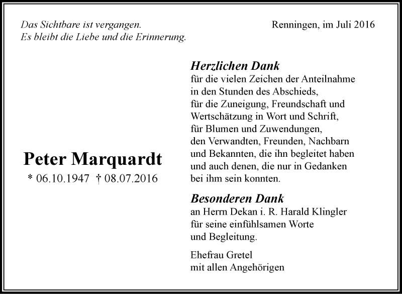  Traueranzeige für Peter Marquardt vom 21.07.2016 aus Leonberger Kreiszeitung / Strohgäu Extra
