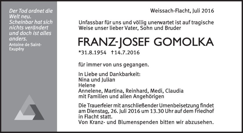  Traueranzeige für Franz-Josef Gomolka vom 21.07.2016 aus Leonberger Kreiszeitung / Strohgäu Extra