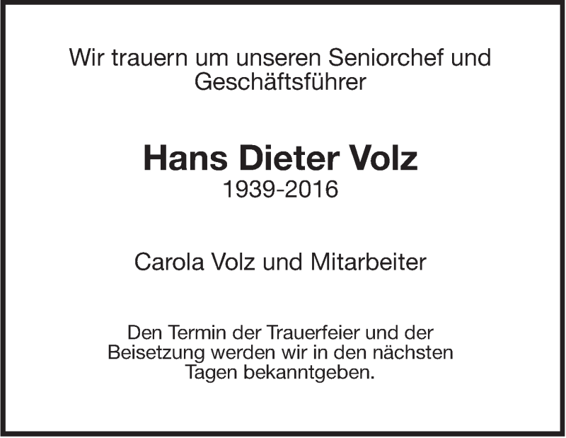  Traueranzeige für Hans Dieter Volz vom 12.07.2016 aus Leonberger Kreiszeitung / Strohgäu Extra