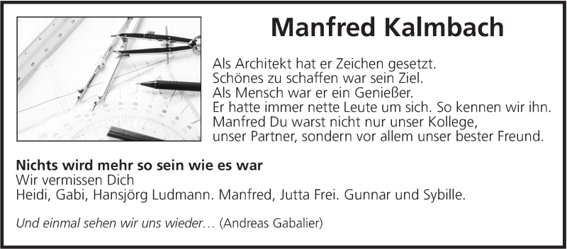 Traueranzeige für Manfred Kalmbach vom 30.07.2016 aus Leonberger Kreiszeitung / Strohgäu Extra