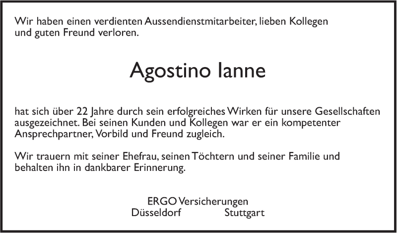  Traueranzeige für Agostino Ianne vom 27.07.2016 aus Leonberger Kreiszeitung / Strohgäu Extra