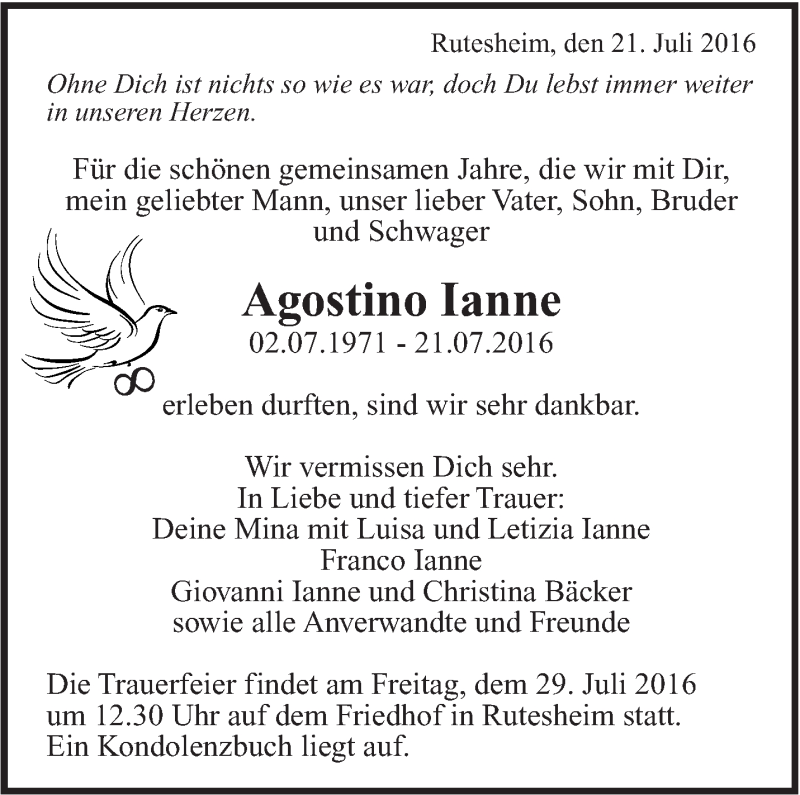  Traueranzeige für Agostino Ianne vom 26.07.2016 aus Leonberger Kreiszeitung / Strohgäu Extra