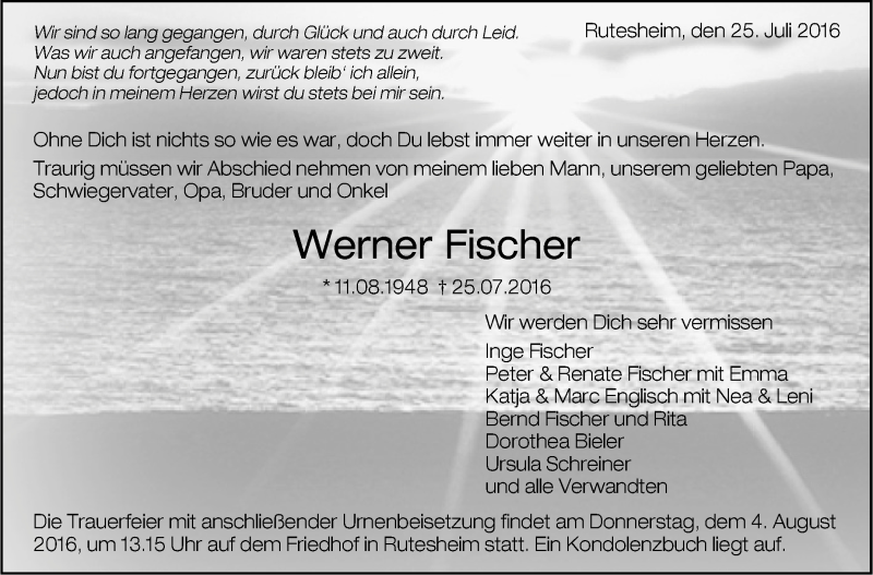  Traueranzeige für Werner Fischer vom 01.08.2016 aus Leonberger Kreiszeitung / Strohgäu Extra