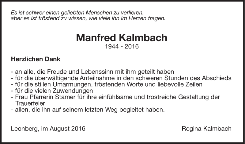  Traueranzeige für Manfred Kalmbach vom 27.08.2016 aus Leonberger Kreiszeitung / Strohgäu Extra