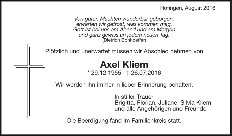  Traueranzeige für Axel Kliem vom 13.08.2016 aus Leonberger Kreiszeitung / Strohgäu Extra