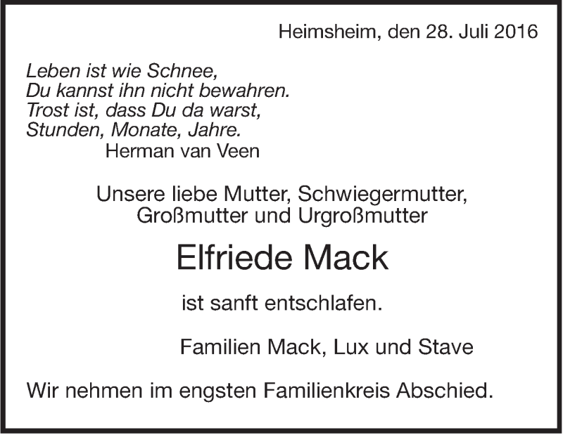  Traueranzeige für Elfriede Mack vom 01.08.2016 aus Leonberger Kreiszeitung / Strohgäu Extra