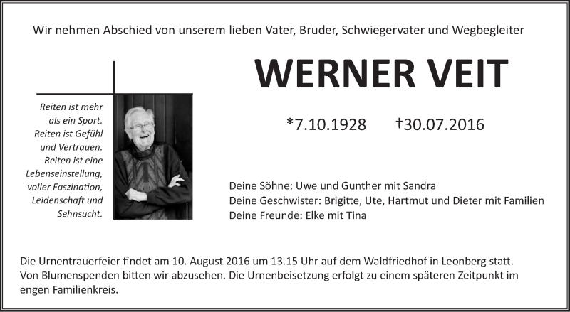  Traueranzeige für Werner Veit vom 06.08.2016 aus Leonberger Kreiszeitung / Strohgäu Extra