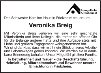 Traueranzeige von Veronika Breig von Leonberger Kreiszeitung / Strohgäu Extra