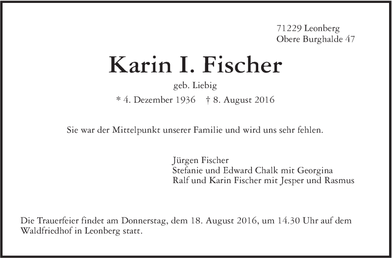  Traueranzeige für Karin Fischer vom 11.08.2016 aus Leonberger Kreiszeitung / Strohgäu Extra